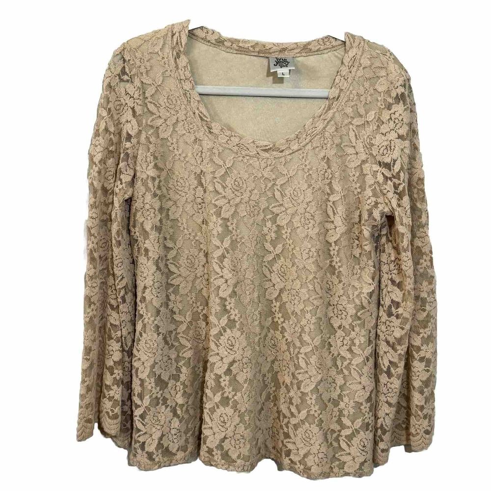 Ivy Jane Beige women's top Large lace‎ top boho romantic Long Sleeve